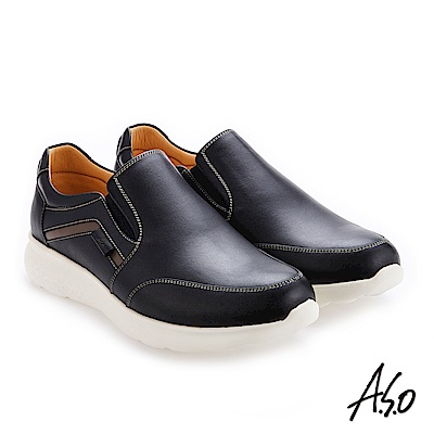 A.S.O霸足氣墊 直套式牛皮氣墊休閒鞋 黑