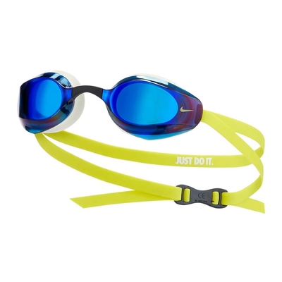 NIKE SWIM 成人專業型鏡面泳鏡-抗UV 防霧 蛙鏡 游泳 戲水 海邊 NESSA176-990 白藍黃