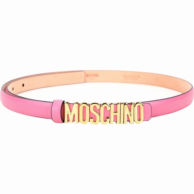 MOSCHINO 拋光金字母光滑小牛皮細版腰帶(芭比粉)