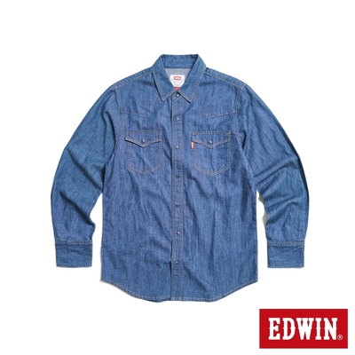 EDWIN 西部式長袖牛仔襯衫-男-酵洗藍
