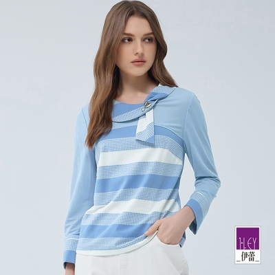 ILEY伊蕾 柔軟小方格織紋圓領結上衣(淺藍色；M-XL)1233011023
