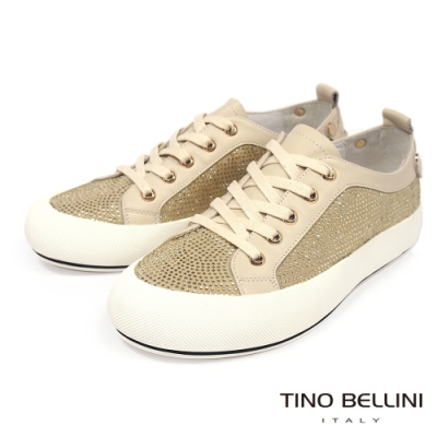 tino bellini 閃耀晶鑽羊皮拼接平底休閒鞋-米