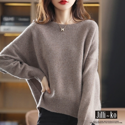 JILLI-KO 韓版純色圓領寬鬆蝙蝠袖針織衫- 深卡其/黑