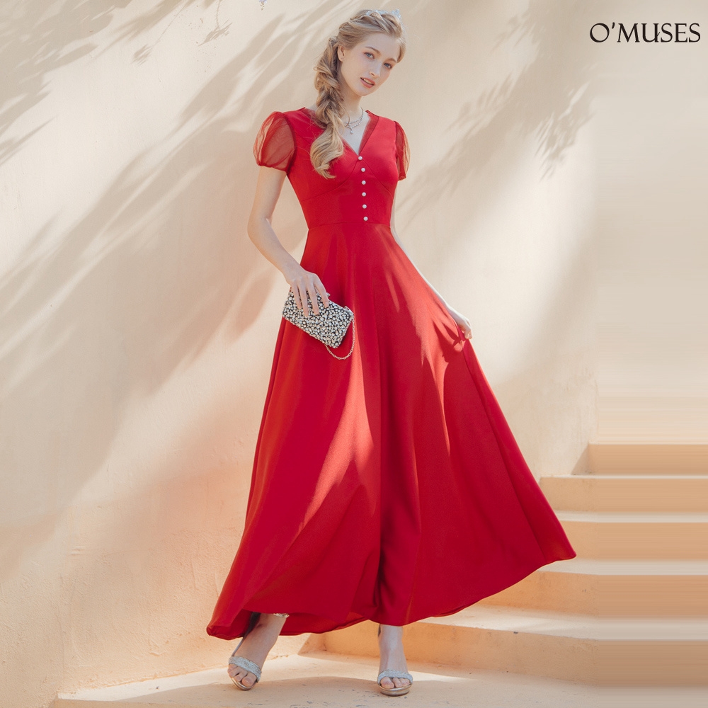 OMUSES 手工蕾絲拼接緞紅色訂製長禮服