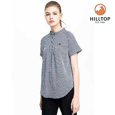 【hilltop山頂鳥】女款吸濕快乾抗UV彈性緹花短袖襯衫S06F61深藍白