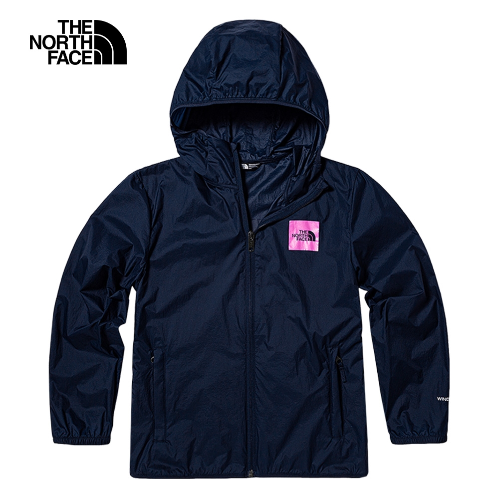 【The North Face 官方旗艦】北面兒童藍色防風防曬醒目LOGO印花連帽外套｜87578K2