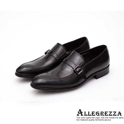 ALLEGREZZA-真皮男鞋-品味流露-鞋面飾釦復古皮紋便鞋  黑