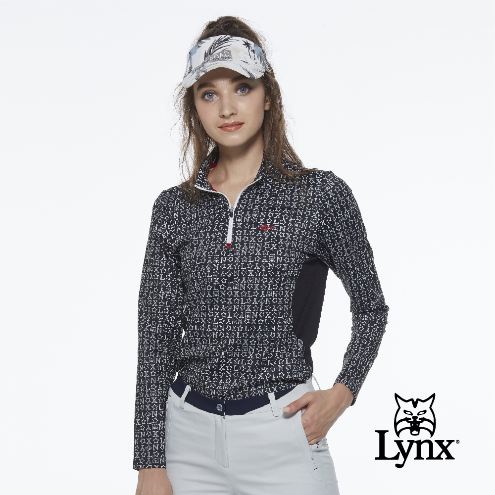 【Lynx Golf】女款吸汗速乾抗UV合身款Lynx字樣山貓印花長袖立領POLO衫-黑色