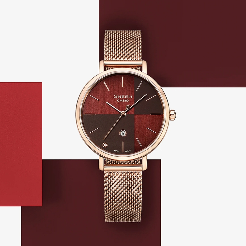 CASIO 卡西歐 SHEEN 撞色系 現代風米蘭帶手錶 送禮首選-紅棕 SHE-4547PGM-5A