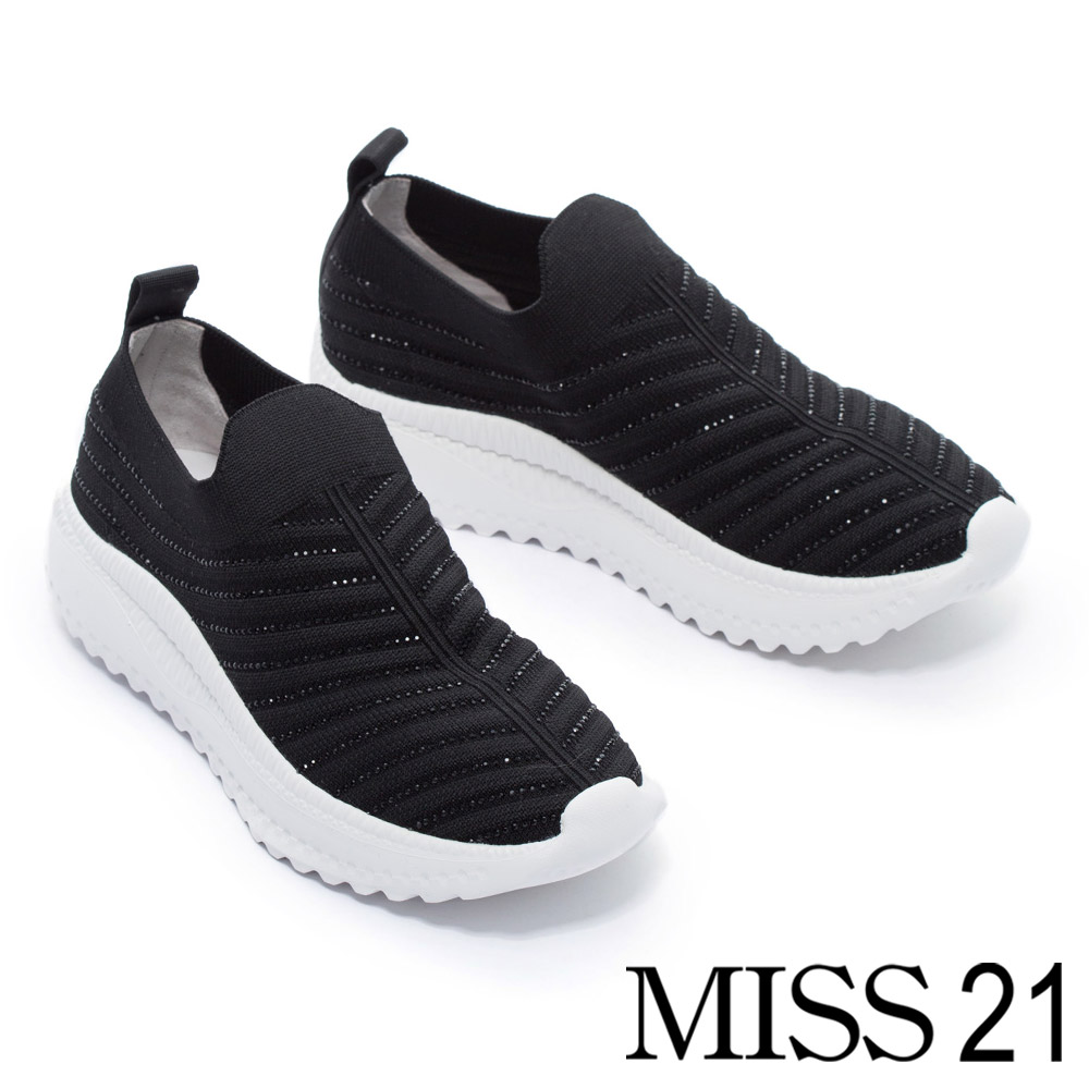 休閒鞋 MISS 21 精緻奢華潮流水鑽飛織厚底休閒鞋－黑