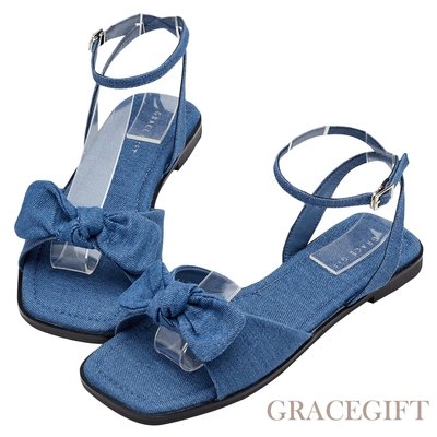 【Grace Gift】立體蝴蝶結方頭繞踝平底涼鞋 牛仔