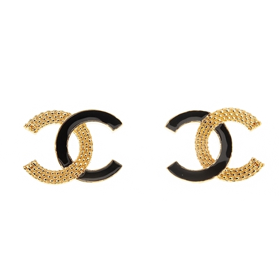 CHANEL 經典雙色CC Logo樹脂金屬穿式耳環 (黑色/金色)