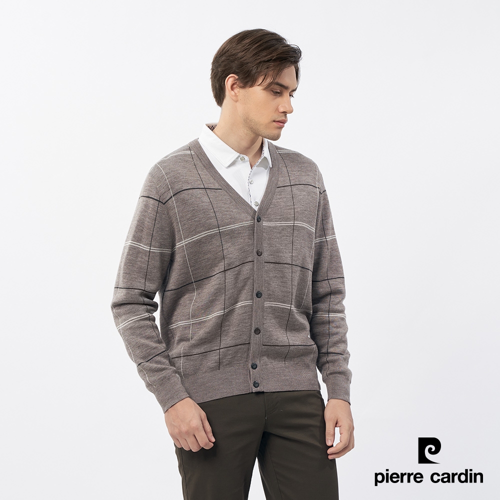 Pierre Cardin皮爾卡登 男款 羊毛混紡V領開襟毛衣外套-棕色(5235476-87)
