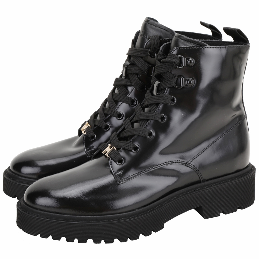 HOGAN H543 Combat 漆亮牛皮記憶鞋墊綁帶中筒軍靴(黑色)