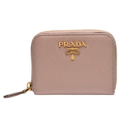 PRADA SAFFIANO系列金色浮雕LOGO防刮牛皮拉鍊卡夾/零錢包(裸膚色)