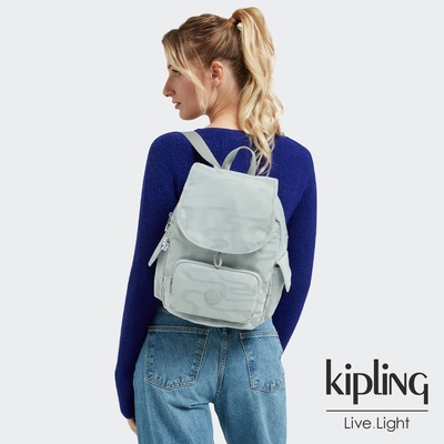 Kipling 蘋果綠不規則條紋拉鍊掀蓋後背包-CITY PACK S
