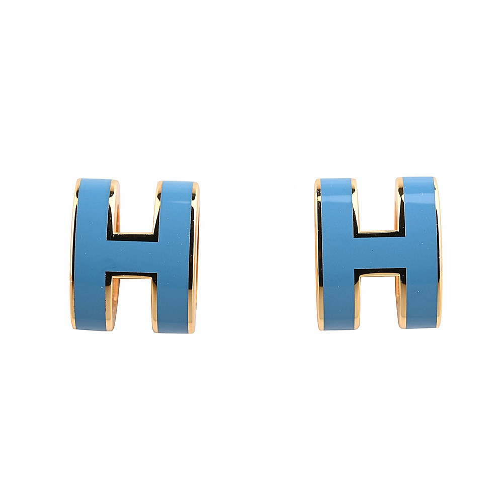 HERMES 經典POP立體H字穿式耳環(MINI/藍x金)