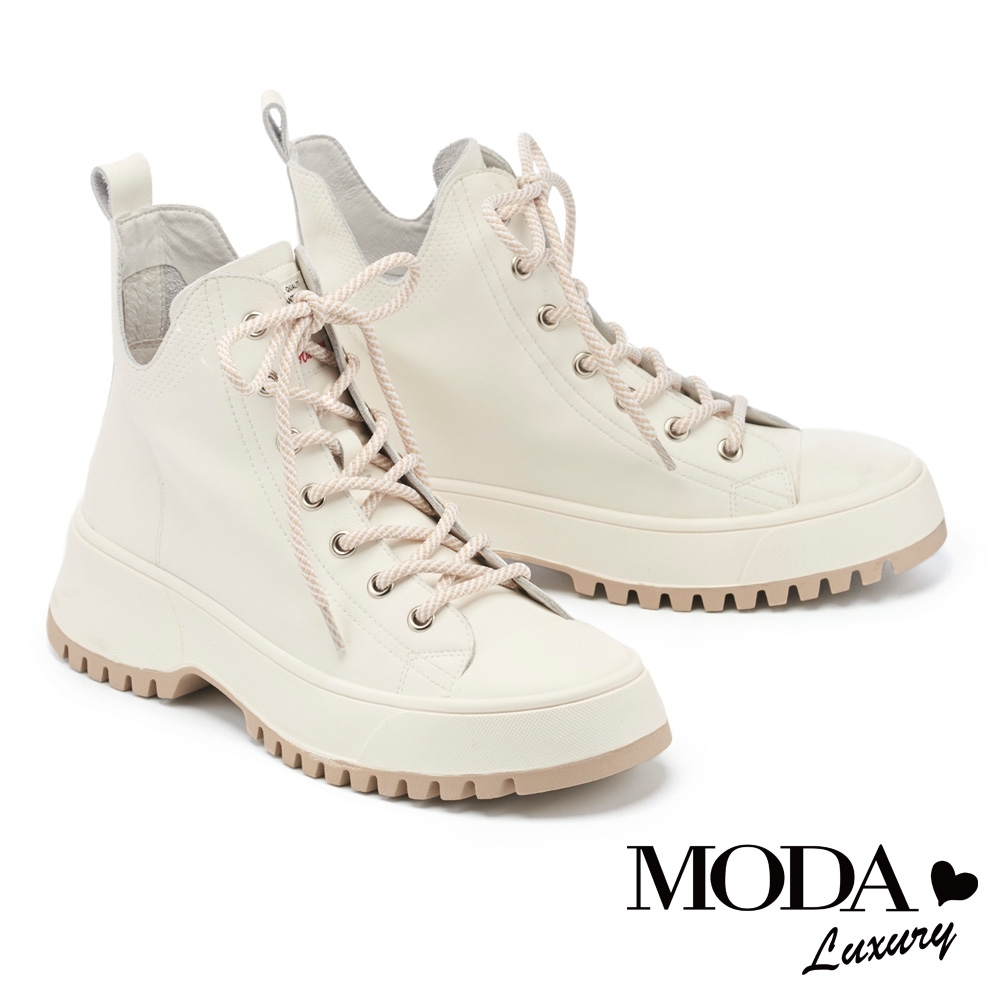 休閒鞋 MODA Luxury 率性潮品綁帶全真皮厚底高幫休閒鞋－白