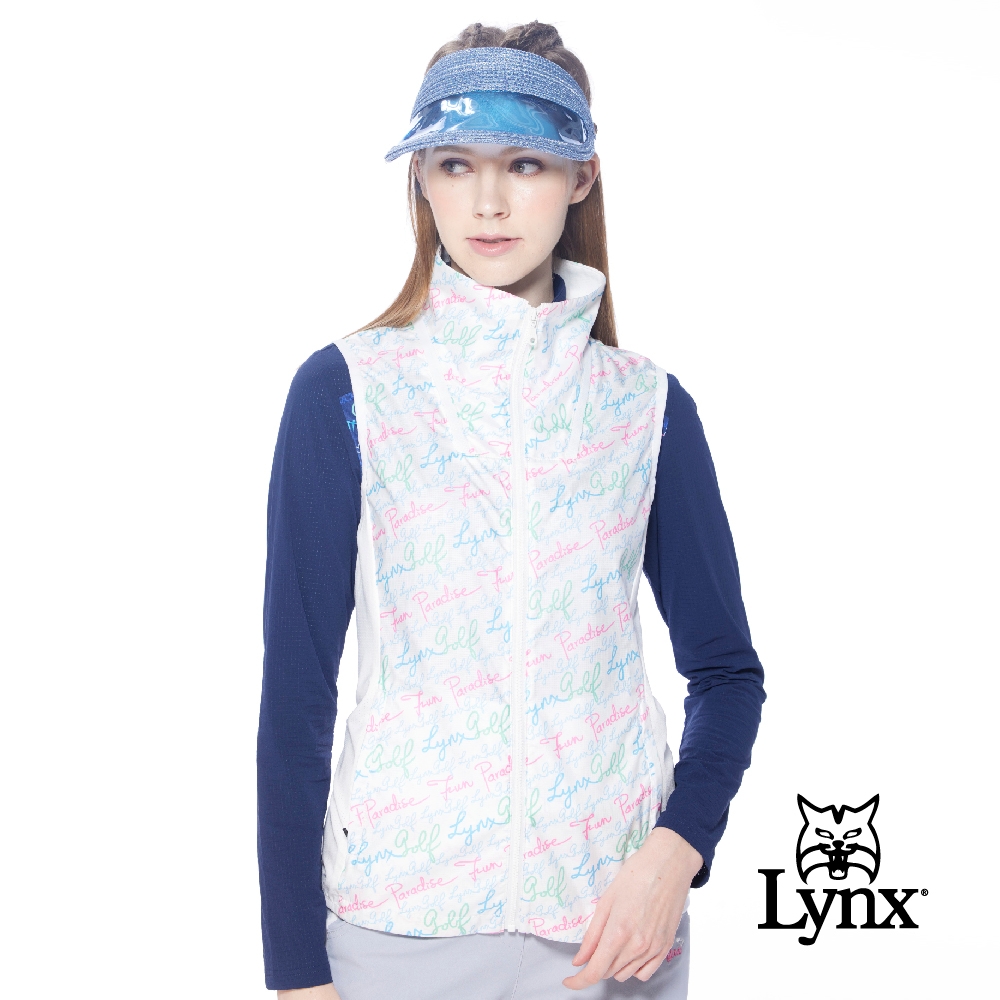 【Lynx Golf】女款滿版LYNX英文草寫字樣印花剪裁配布設計無袖背心-白色