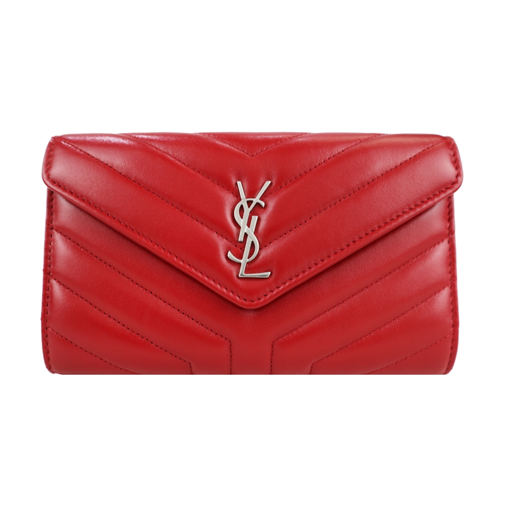 YSL Saint Laurent 小羊皮衍縫翻蓋信封長夾(紅)