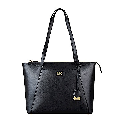 MK MICHAEL KORS MADDIE金字LOGO防刮皮革拉鍊肩背托特包(中/黑)