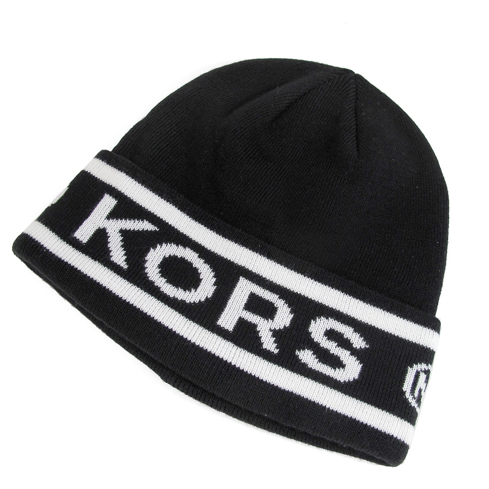 MICHAEL KORS 品牌字樣雙色Logo織紋毛線帽(黑白雙色)
