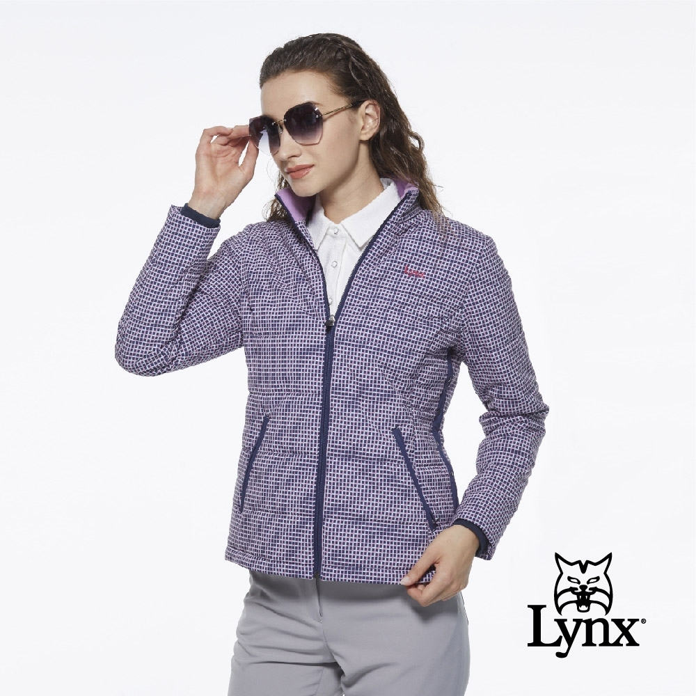 【Lynx Golf】女款繽紛格紋交叉線條配色鋪棉長袖外套-深藍格