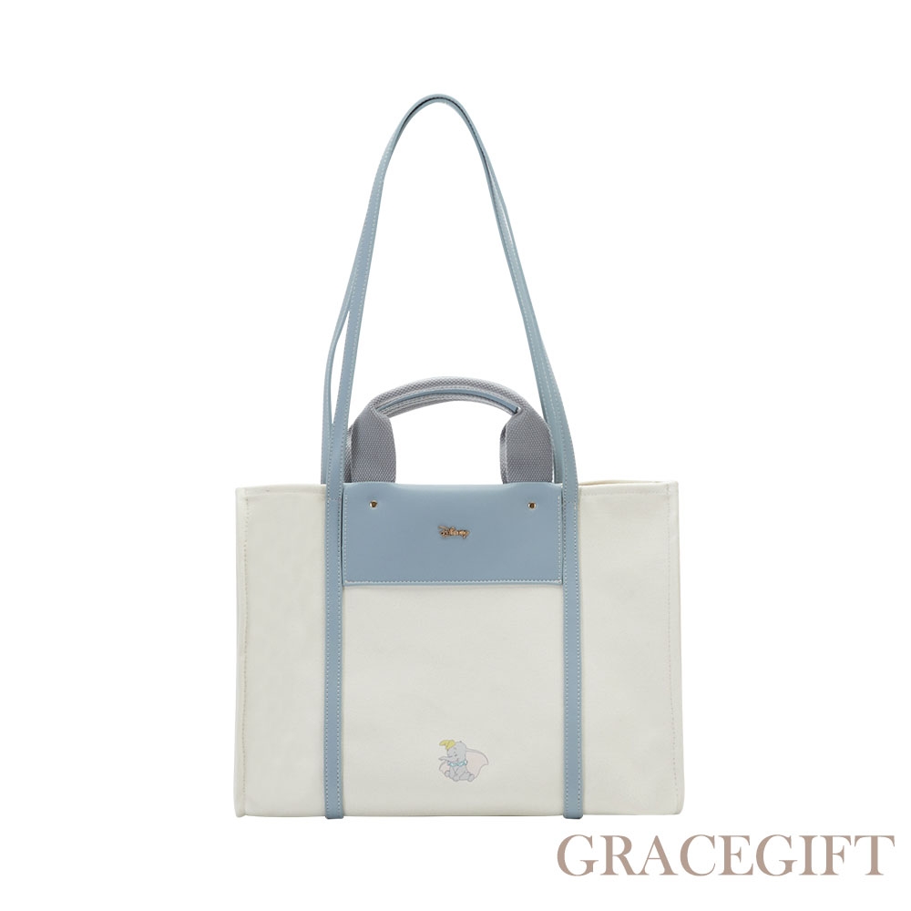【Grace Gift】】迪士尼小飛象款皮革拼接帆布托特包 淺藍