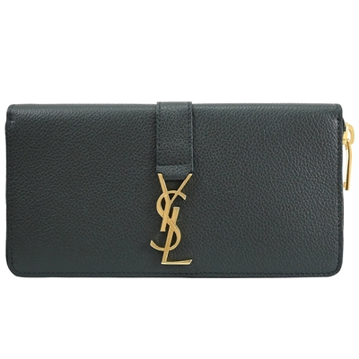 YSL Saint Laurent 金屬LOGO牛皮ㄇ字拉鍊式長夾(墨綠)