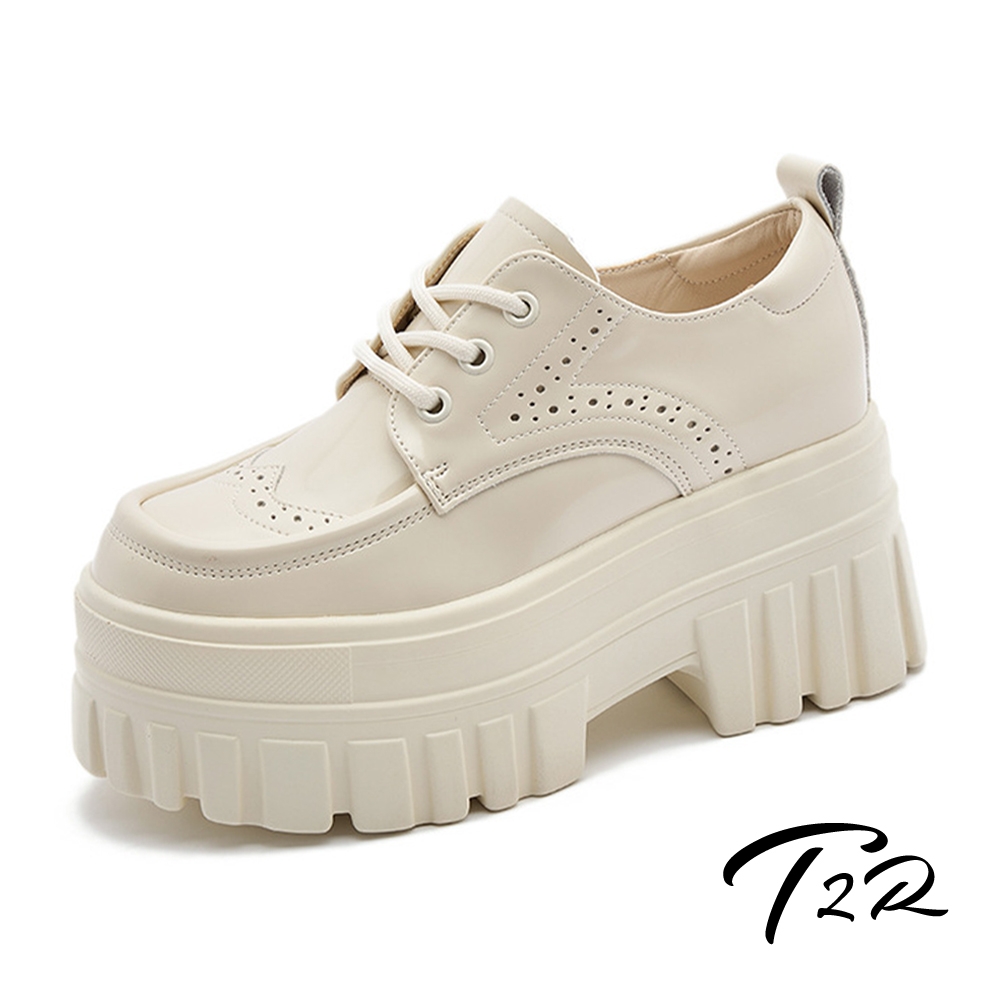 T2R-正韓空運-漆皮厚底樂福鞋-增高約8公分-黑/米 (白色)