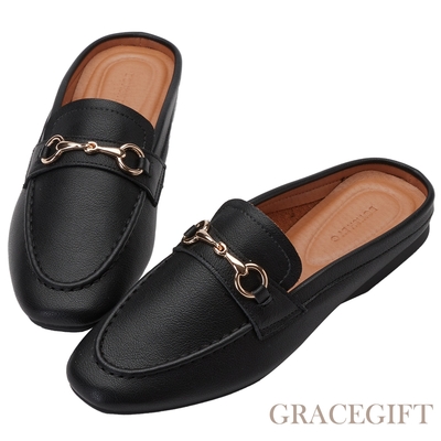 【Grace Gift】英倫時尚馬銜扣平底穆勒拖鞋 黑