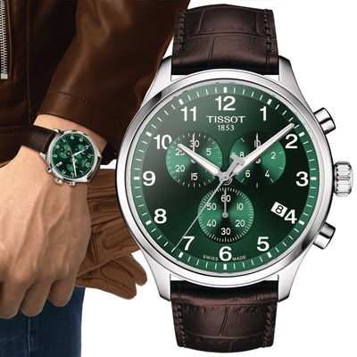 TISSOT天梭 官方授權 韻馳系列 XL計時碼錶石英腕錶-棕x綠 禮物推薦 畢業禮物 45mm/T1166171609200