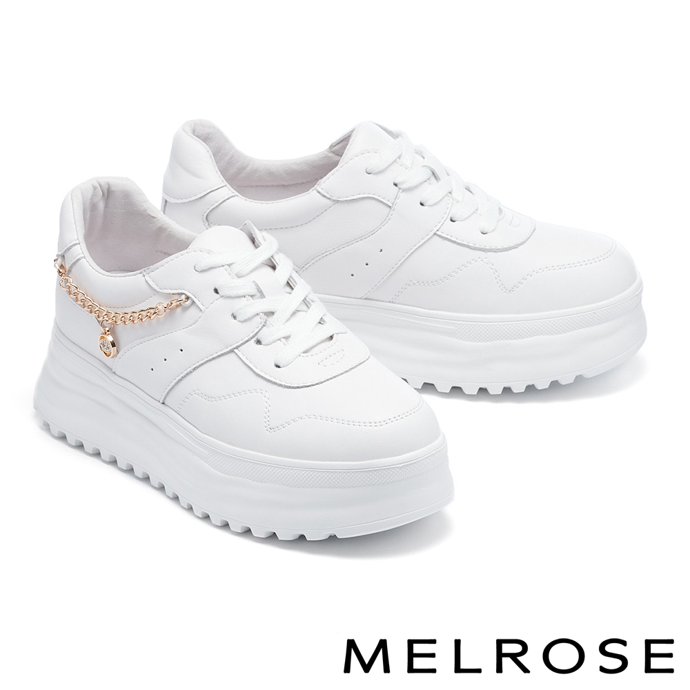休閒鞋 MELROSE 美樂斯 時尚街頭鍊條飾釦全真皮厚底休閒鞋－白