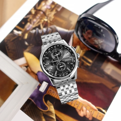 CITIZEN / 光動能 萬年曆 電波錶 藍寶石水晶玻璃 日期 不鏽鋼手錶-黑色/43mm