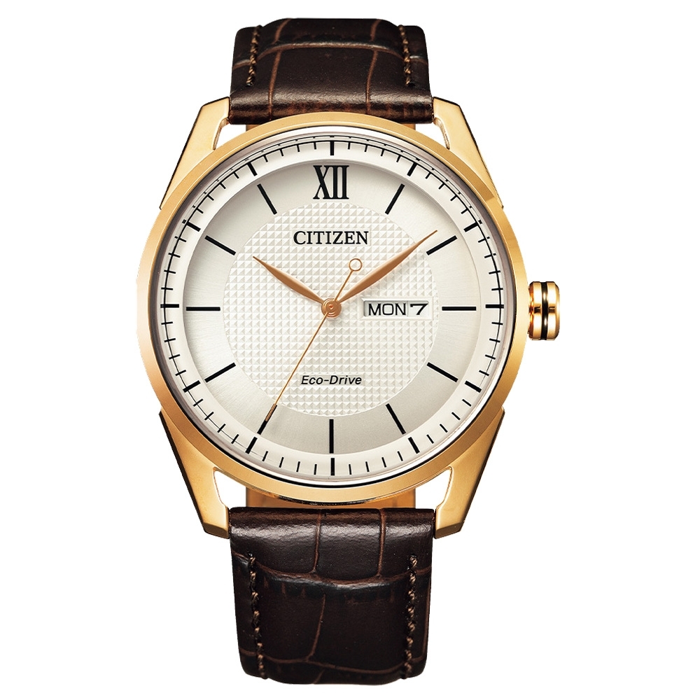 CITIZEN GENT'S 光動能英倫紳士時尚腕錶-玫瑰金X咖啡-AW0082-19A-42mm