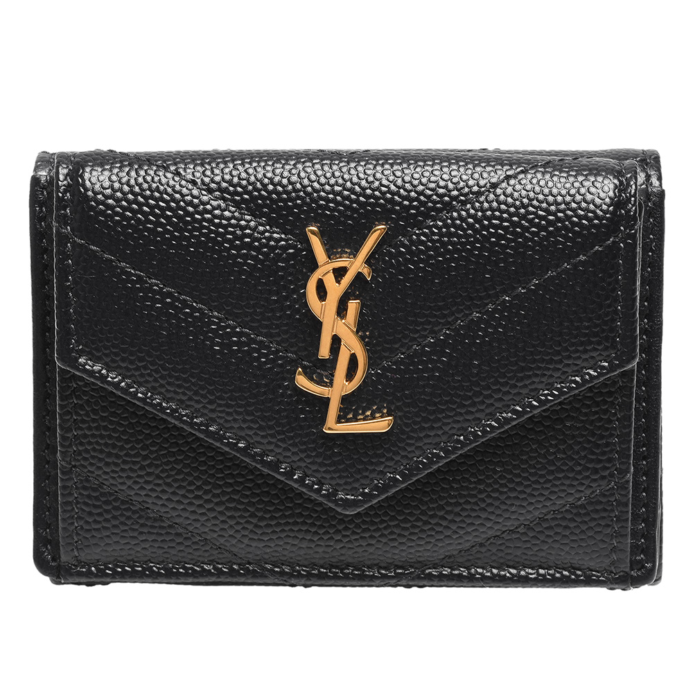 YSL MONOGRAM系列金色LOGO V字縫線魚子醬牛皮暗釦三折短夾(迷你-黑)