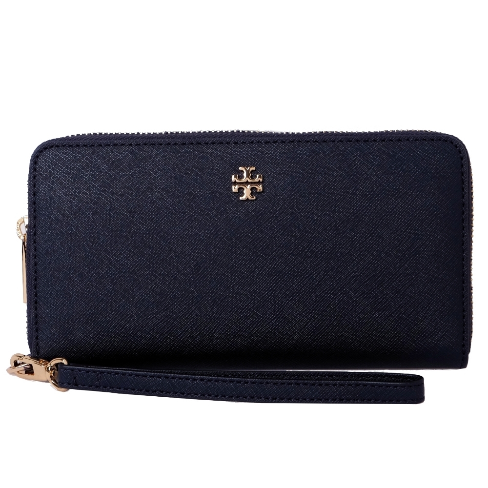 TORY BURCH EMERSON 經典立體LOGO防刮皮革拉鍊長夾-海軍藍