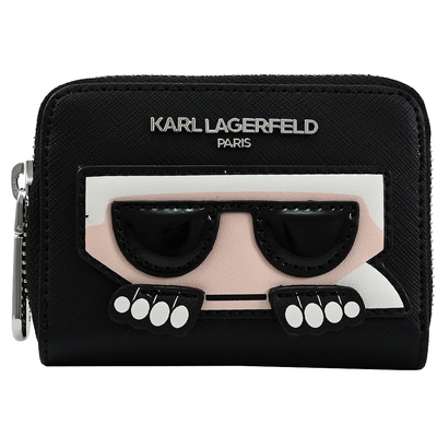 KARL LAGERFELD 卡爾公仔ㄇ字拉鍊卡夾零錢包(黑/銀)