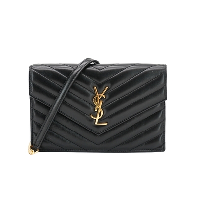 YSL Cassandre Matelasse 信封形翻蓋小羊皮鏈條斜背包(742920-黑)