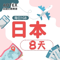 【AOTEX】8天日本上網卡每日1GB高速流量吃到飽日本SIM卡日本手機上網