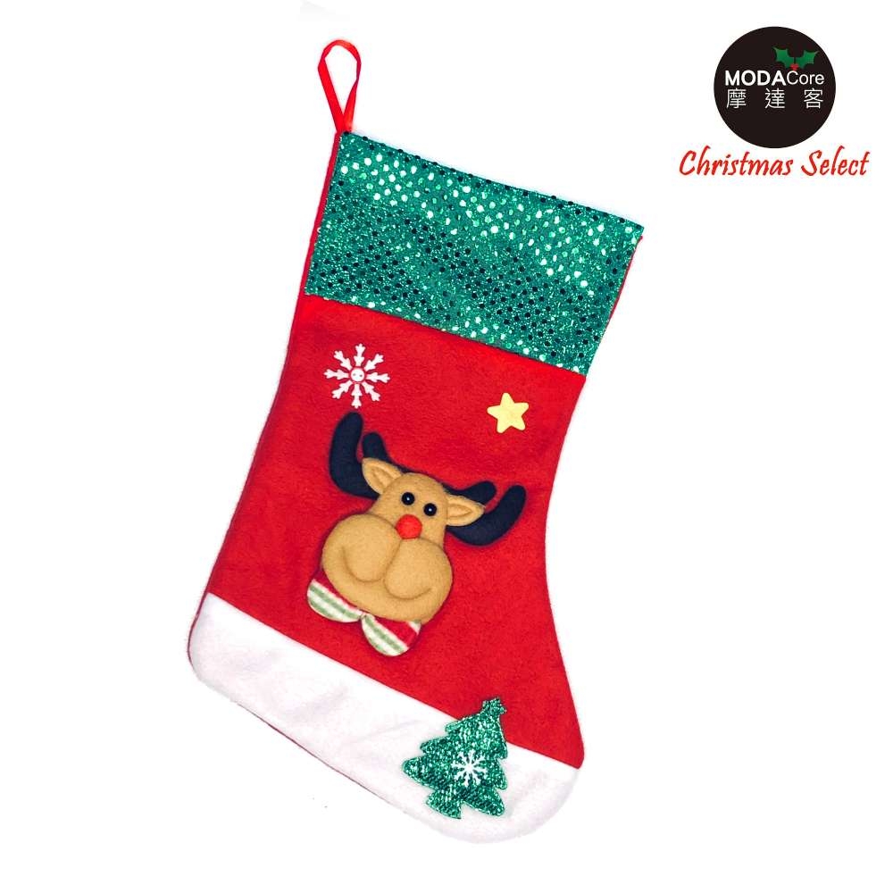 摩達客耶誕-綠亮片麋鹿聖誕襪