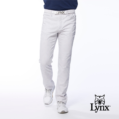 【Lynx Golf】男款混紡材質英文字體圖樣紋路兩側腰圍鬆緊帶設計平口休閒長褲-灰色