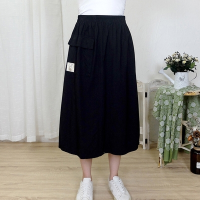 Hana-Mokuba花木馬日系女裝鬆緊腰不對稱設計大口袋長裙_黑