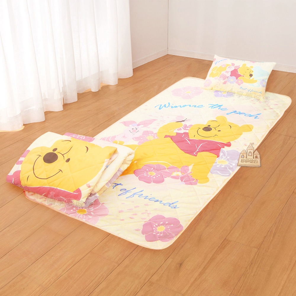 享夢城堡 兒童卡通涼被童枕睡墊三件組-迪士尼小熊維尼Pooh 迪士尼粉紅季-米黃.粉