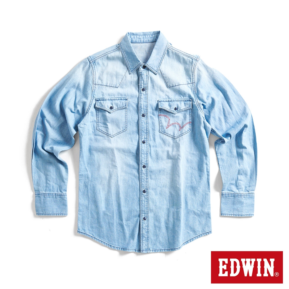 EDWIN 雙口袋長袖丹寧襯衫-男-石洗藍