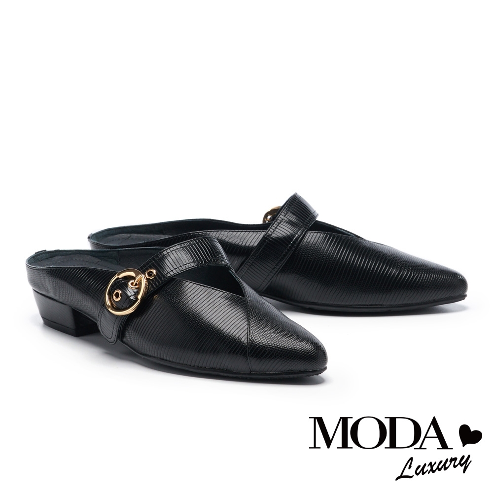 拖鞋 MODA Luxury 時尚復古金屬圓釦尖頭穆勒低跟拖鞋－黑