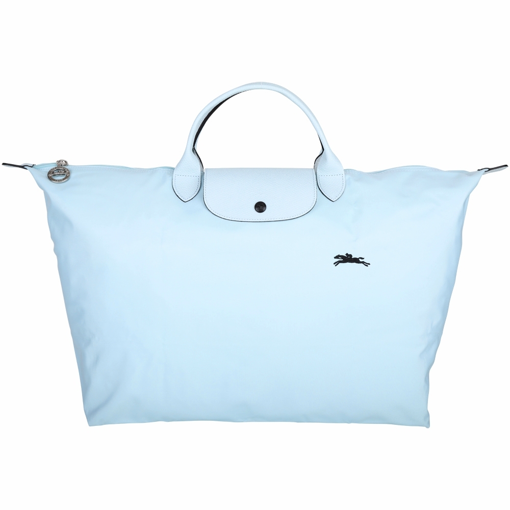 LONGCHAMP Le Pliage 奔馬刺繡短提把折疊旅行袋(L/天空藍)