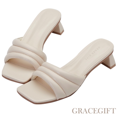 【Grace Gift】甜美雲朵方頭中跟拖鞋 米白