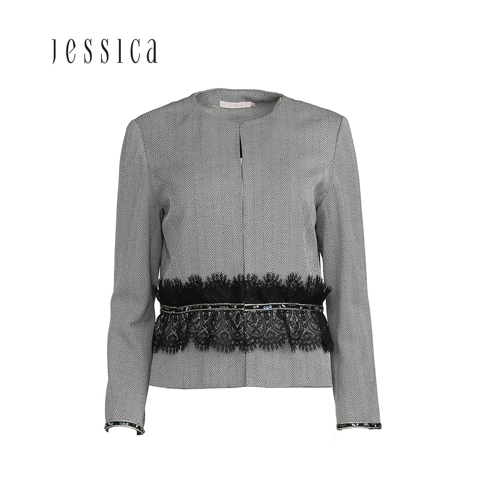 JESSICA -腰部蕾絲亮片設計灰色薄外套