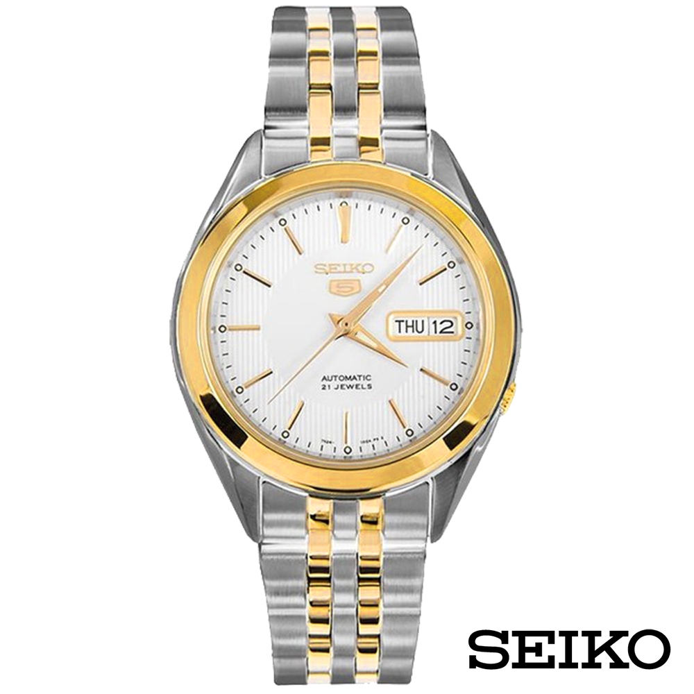 SEIKO精工  半金經典5號自動上鍊機械腕錶-白+金x38mm SNKL24K1